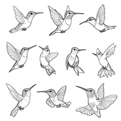 Obraz premium A collection of outlined hummingbirds in various poses.