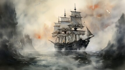 Obraz premium Ghostly ship, sailing through mist, gothic adventure