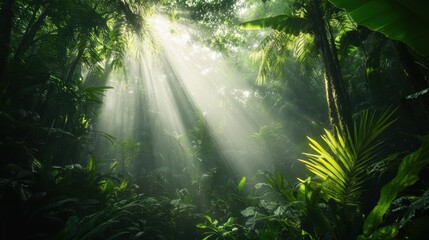 Obraz premium Lush rainforest canopy with sunlight streaming through misty air showcasing diverse flora and fauna in an awe-inspiring nature scene