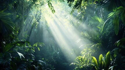 Lush rainforest canopy with sunlight streaming through misty air showcasing diverse flora and fauna in an awe-inspiring nature scene