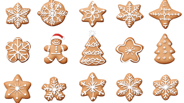 Gingerbread christmas snowflake star santa man tree on white background,png