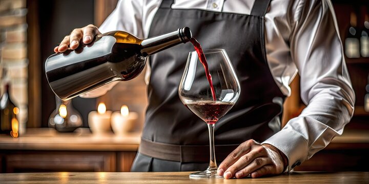 Elegant apron-clad server pours rich, red wine from a curved bottle into a delicate glass, perfect for fine dining, wedding, or party celebrations.