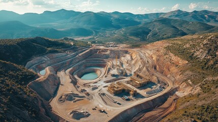 Aerial shot of sulfur mining operation displaying open-pit mine and processing facilities against a mountainous backdrop