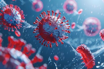 Abstract virus illustration with red spikes. Microscopic close-up. Conceptual image for science and healthcare. Modern and detailed. Medical research visual. Generative AI