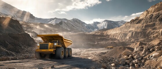 Mining trucks transporting sulfur ore across rugged terrain with a focus on the scale and scope of the operation