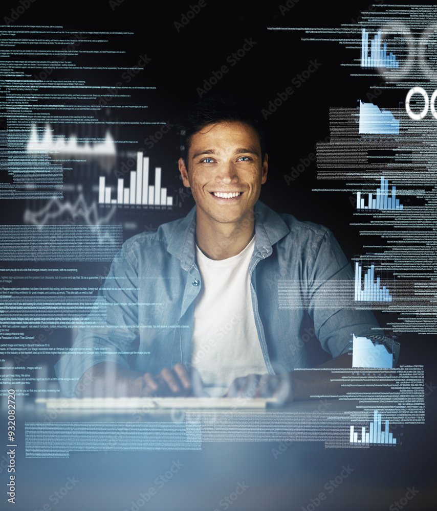 Poster Man, overlay and happy on computer with data analysis at night as employee for overtime and deadline for software. Business, male person and statistics with graphs, programming and processing info