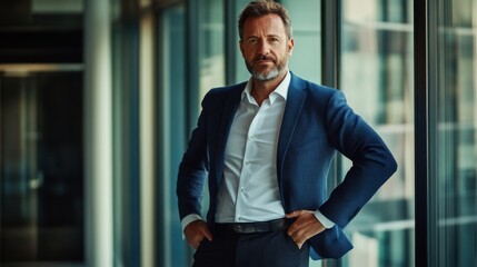 Fototapeta premium Confident businessman standing tall hands on hips powerful body language conveying authority and leadership in corporate setting dramatic lighting modern office
