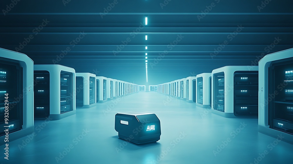 Poster a high-tech warehouse with automated robots and digital inventory management