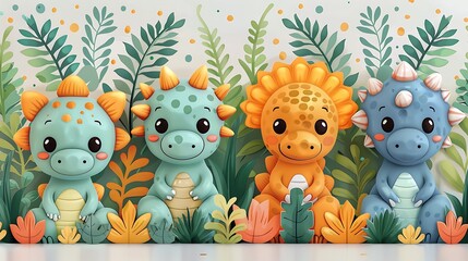 Obraz premium A seamless pattern of friendly cartoon T-Rexes, Triceratops, and Stegosaurus, exploring a lush prehistoric jungle with palm trees and ferns, vibrant greens and earthy tones, detailed scales,