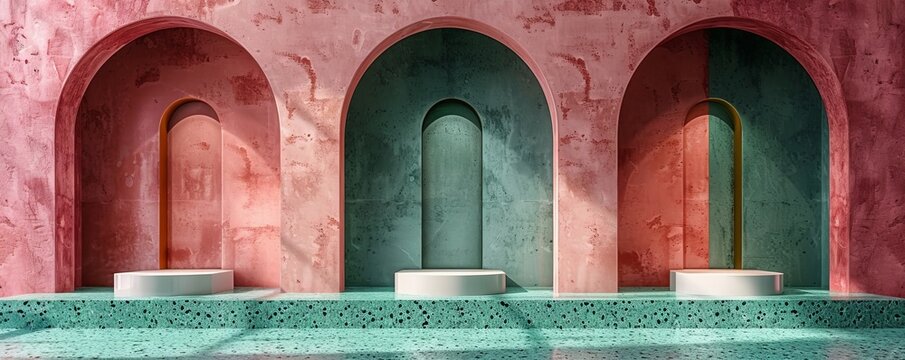 Minimalist architectural sculpture with arches and geometric shapes in vibrant colors