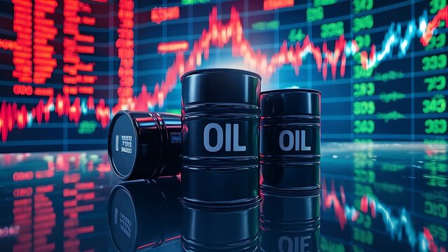Barrels of crude oil with finance market rise and fall background