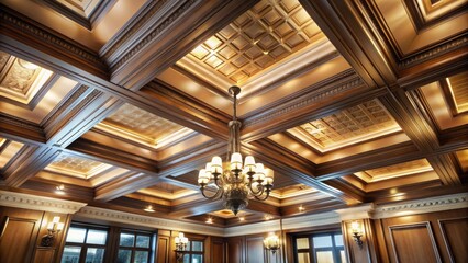 Obraz premium Elegant coffered ceiling with intricately designed wooden panels, soft lighting, and subtle shadows, creating a sophisticated ambiance in a luxury living space.