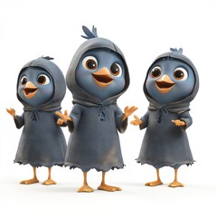 Fototapeta premium Three animated birds in hooded outfits, expressing various poses and emotions.