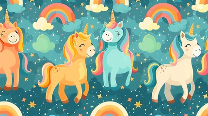 A seamless pattern of magical cartoon unicorns and rainbows, prancing in a starry sky with clouds and sparkles, pastel colors, flowing manes, light gradients, hd quality, natural look.
