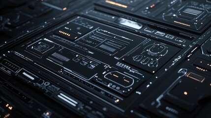 Fototapeta premium A sleek black digital interface with abstract design elements, glowing lines and futuristic patterns.