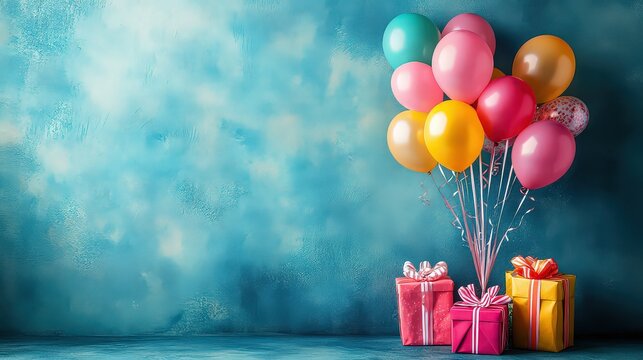 vibrant arrangement of colorful gifts and balloons with ample copy space, perfect for adding personalized messages or event details