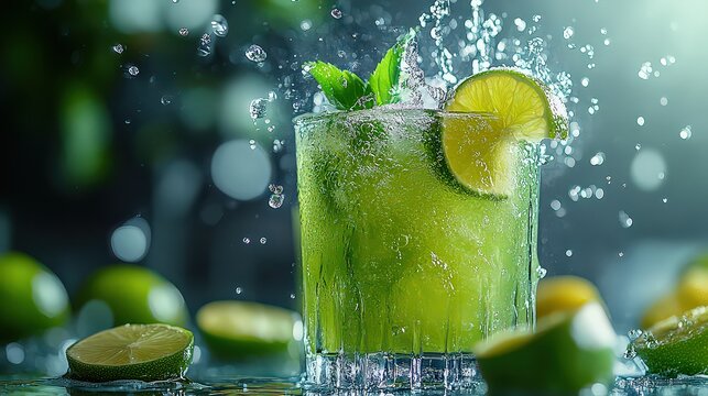 image of lime juice in mid-air, with a frosty effect that enhances the sense of coolness and refreshment