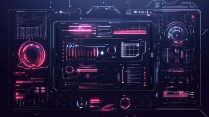 Abstract black digital interface with sleek, futuristic design elements and neon lines.