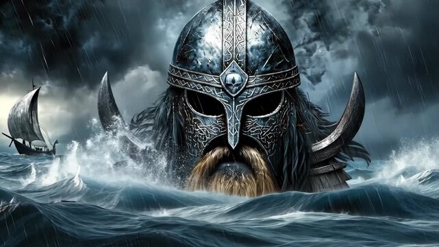 A fierce Viking warrior emerges from turbulent waves, showcasing bravery against daunting seas as a longship sails in the background, capturing the spirit of adventure