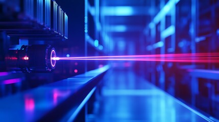 Fototapeta premium A high-tech laser beam in operation, cutting through a material in a futuristic industrial setting, illuminated by vibrant blue and red lighting.