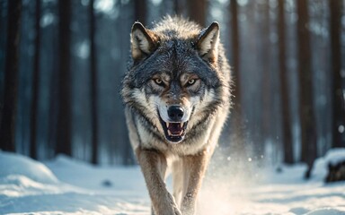 Portrait of an angry wolf in a winter forest