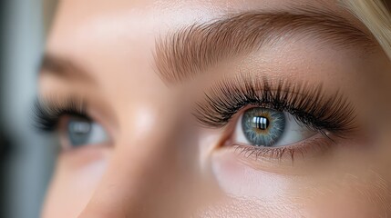 Fototapeta premium Close-up of a woman's blue eyes with long, thick eyelashes, gazing ahead.