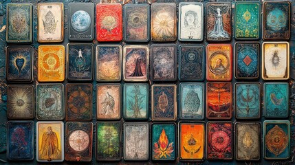 detailed image of tarot cards arranged in a pattern, with visible symbols and imagery representing various archetypes and meanings