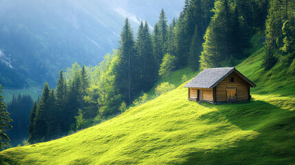 Mountain hut on steep green hill. Generative AI