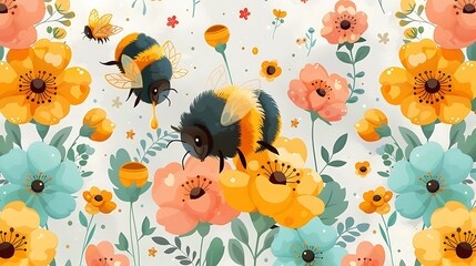 A seamless pattern of playful cartoon bees hovering over colorful wildflowers, with honeycombs and honey dripping, bright and cheerful colors, detailed textures, soft lighting, hd quality,