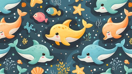 A seamless pattern of playful cartoon dolphins and starfish splashing in ocean waves, with coral and seaweed in the background, vibrant blues and greens, dynamic action poses, hd quality,