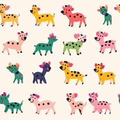 Obraz premium A playful pattern of colorful cartoon dogs and cows with polka dots and bows.