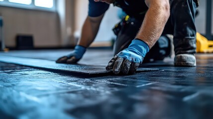 Workers laying down new flooring in a garage, using interlocking tiles or epoxy coatings to create a durable and attractive surface.