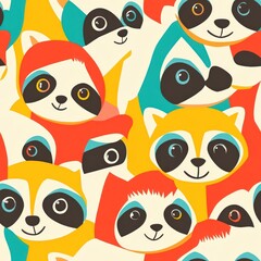 Fototapeta premium A colorful pattern featuring cartoon raccoons with various expressions.