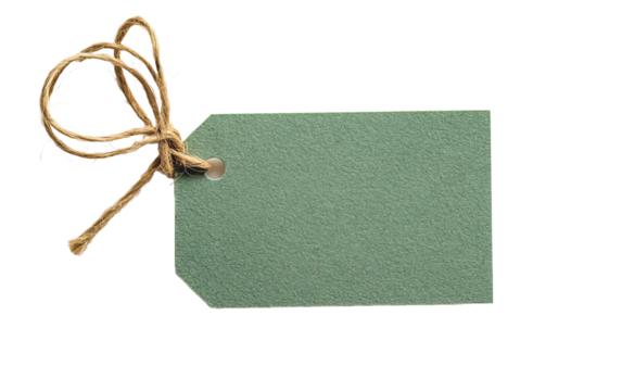 Green Craft paper tag with twine on white background,png