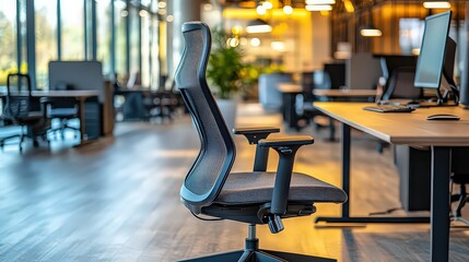 Fototapeta premium modern office chair in an open, well-lit office space, emphasizing comfort and ergonomic design