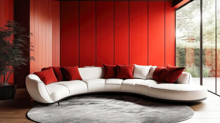 Modern living room with curved sofa and red wall panels. Generative AI