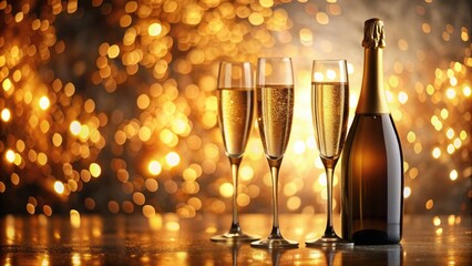 Elegant golden champagne bottles and flutes silhouetted against a luxurious, blurred, warm-toned background with soft focus and subtle bokeh, exuding sophistication and celebration.