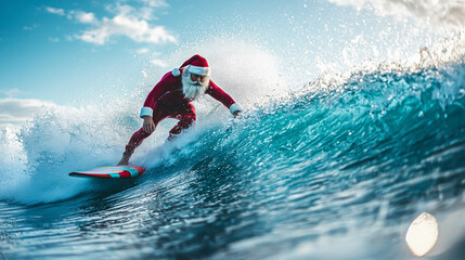 Naklejka premium Santa surfing - Summer vacation