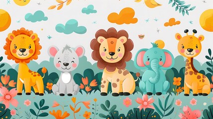 A seamless pattern of playful cartoon lions, giraffes, and elephants exploring a vast savannah under the bright sun, surrounded by tall grass and acacia trees, warm earthy tones,