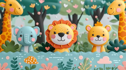 Naklejka premium A seamless pattern of playful cartoon lions, giraffes, and elephants splashing in a watering hole in the savannah, surrounded by lush trees and grassy plains, vibrant colors, dynamic poses,