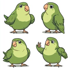 Fototapeta premium Four cartoon-style green birds in different poses and expressions.