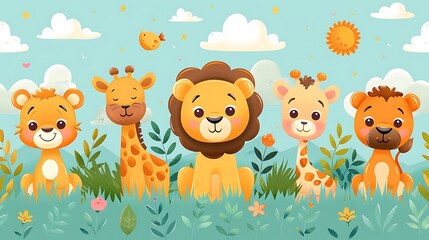 A seamless pattern of playful cartoon lions, zebras, and giraffes wandering through the savannah, with tall grass and distant mountains in the background, warm earth tones, dynamic poses, hd quality,