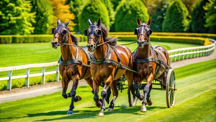 Elegant horses pulling sleek sulky carts driven by focused drivers speed around a lush green oval track on a sunny afternoon.