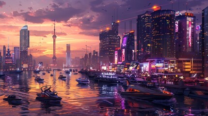 Fototapeta premium Futuristic Cityscape at Sunset with Boats and Neon Lights