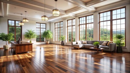 Elegant interior space with rich wooden flooring, sleek white walls, and ample natural light pouring in through large windows, exuding serenity and sophistication.