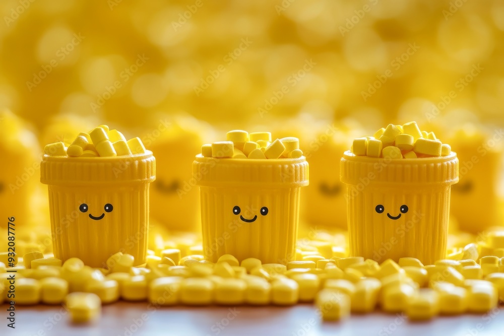 Canvas Prints A close up of three smiling yellow pills on a golden background symbolizing happiness and positivity in modern medicine and healthcare