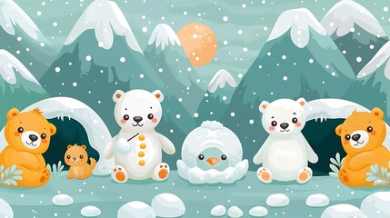 A seamless pattern of playful cartoon polar bears, penguins, and seals building snowmen and igloos, with snowy mountains in the background, bright whites and icy blues, detailed textures, hd quality,