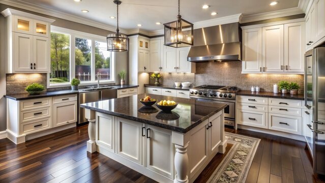 Elegant kitchen features rich, dark granite countertop with subtle pattern, paired with crisp white cabinets and stainless steel appliances, exuding modern sophistication.