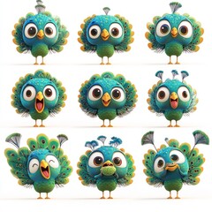 Fototapeta premium A colorful cartoon peacock character displaying various cheerful expressions.