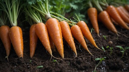 Carrots planted in the ground with raindrops, agriculture concept.